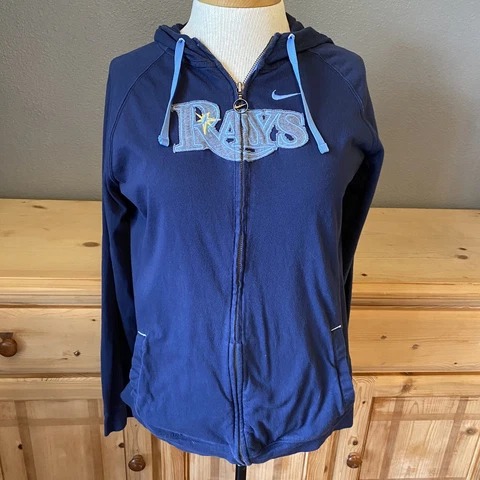 Tampa Bay Rays Jacket Women’s Size Medium Hooded Nike Swoosh Baseball Navy Blue Cover