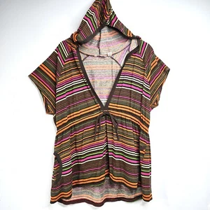 Vintage Derek Hart Brown Women's Sz 3X Striped Boho Y2K Swimsuit Cover Up Hood - Picture 1 of 6