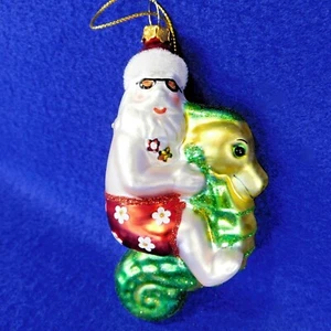 Santa Riding Seahorse Ornament Blown Glass Glitter Accents Christmas Beach Decor - Picture 1 of 5