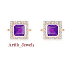 Natural Amethyst & CZ Gemstone With 14K Rose Gold Plated Silver Cufflink #1035