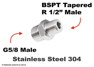 BSP G 5/8" Male to BSPT Tapered R 1/2" Male Stainless Sensor Adaptor Fittings - Imagen 1 de 4