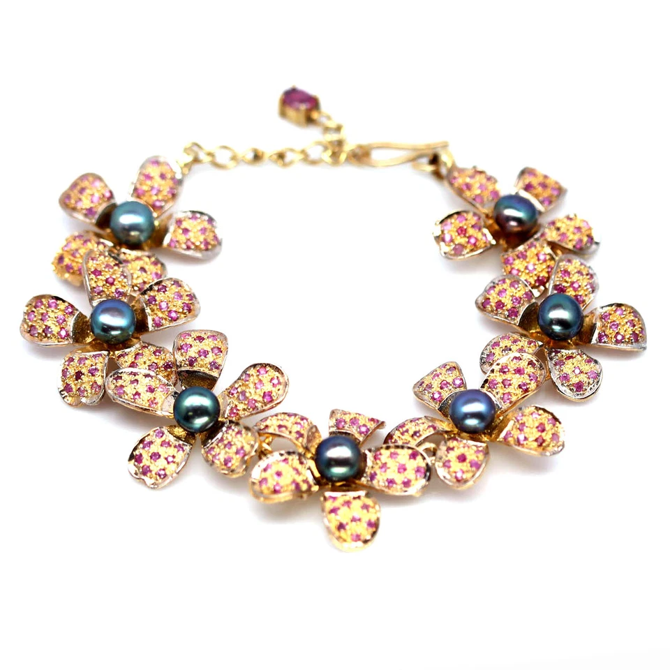 925 Sterlingsilber 6 Mm. Grau Perle & Rosa Saphir Blume Armband 21.6cm - Bild 1 von 4