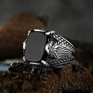 925 Sterling Silver Eagle Figure Onyx Stone Men's Ring