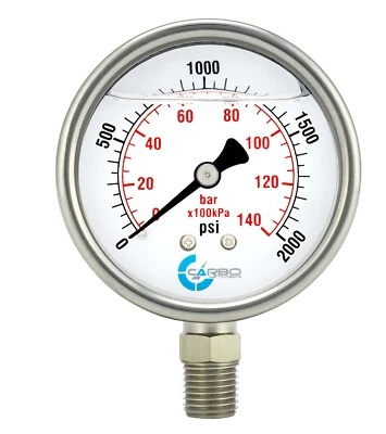 2" Pressure Gauge, Stainless Steel Case, Liquid Filled, Lower Mnt, 2000 PSI - Image 1 of 4