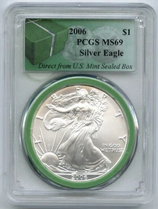 2006 American Eagle de Plata Dólar PCGS MS69 Verde Etiqueta US Mint Sellado Caja - Imagen 1 de 2