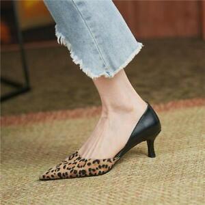 Women heels Shoes Sandals Color Stitching Leopard Suede Leather Kitten Pointy