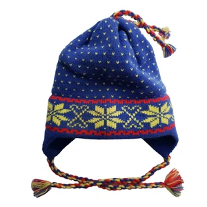 Maureen of the Mews Knit Beanie Hat Blue Yellow Snowflake Vintage 80s Ski Snow - Picture 1 of 4