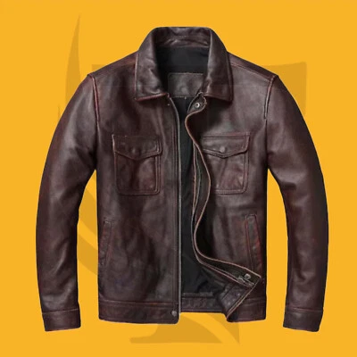 Mens Biker Leather Jacket Genuine Leather Zipped Motorcycle Style Leather Coat - Image 1 of 4