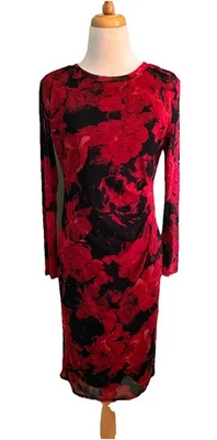 Vestido Nine West Rojo y Negro Floral Malla Acanalado Lateral Hasta la Rodilla Midi Talla S Foto 1 de 4
