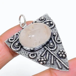 Golden Rutile Gemstone Handmade 925 Sterling Silver Jewelry Pendant 1.89" t368 - Picture 1 of 2