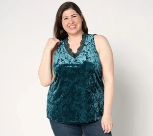 Belle by Kim Gravel Crushed Velvet Lace Trim Tank Top Autumn Teal L New - Picture 1 of 4