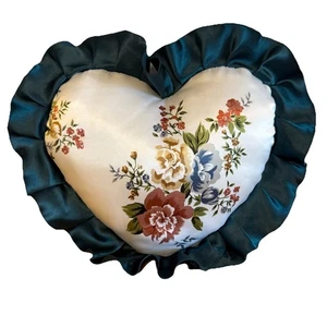 Heart Shape Throw Pillow Victorian Floral Romantic Satin Ruffle Trim 17” - Picture 1 of 6