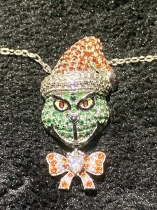 The Grinch Rhinestone Charm 925 Sterling Silver Necklace Sparkling Christmas - Picture 1 of 7