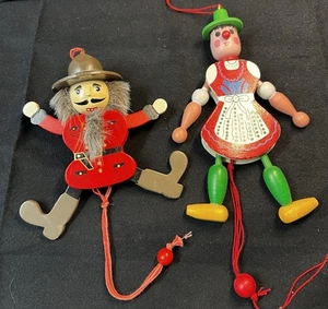 Two Vintage 1960's Jumping Jack Pull String Puppets Wooden Toys Ornaments - Picture 1 of 3