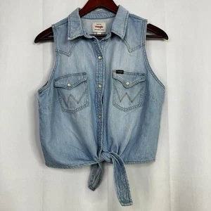 Top vintage Wrangler bottoni a pressione senza maniche western grande denim donna biker - Foto 1 di 11
