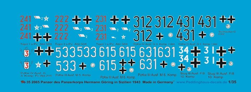 Peddinghaus-Decals 1/35 2065 Carro Armato Il Panzerkorps Hermann Göring IN - Immagine 1 di 1