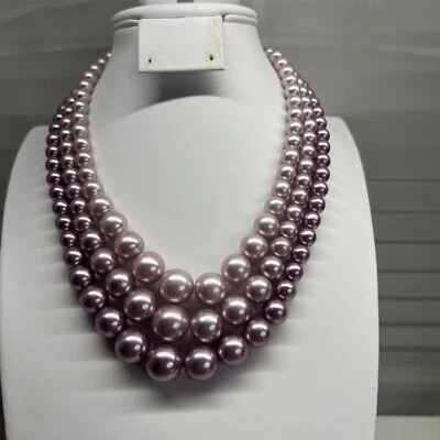 Винтажное трехслойное ожерелье из искусственного жемчуга розовая лаванда серебристый тон - Изображение 1 из 4