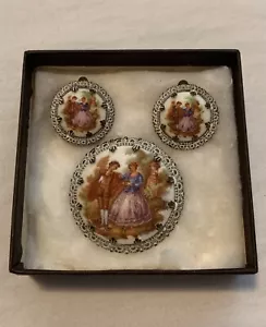 Vintage Porcelain Victorian Courting Scene Brooch & Clip On Earrings Set Germany - Picture 1 of 7