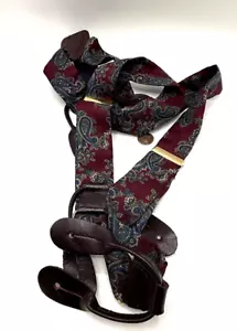 Vintage Silk & Leather Button Suspenders Braces Paisleys West Germany Clasps - Picture 1 of 7