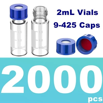 2000PS 2ml Sample Vials Caps 100pcs/pack 9mm Clear Glass Bottle 9-425 Screw PTFE - Image 1 of 4