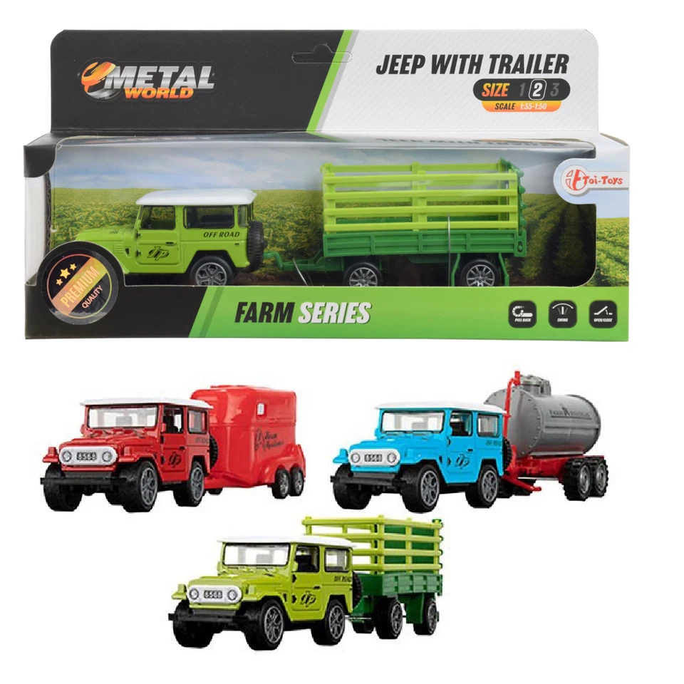 Auto Jeep con Rimorchio Modellino in Metallo Scala 1:35-1:50 Farm Serie - Immagine 1 di 1