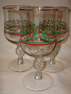 3 Vintage Arby’s Collectors Christmas Holly & Red Berry Berries Bow Stem Goblets - Image 1 of 4
