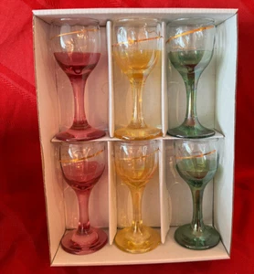 New Arlecchino Italy 6 Pc Gold Accent Etched Design Multi Colored Stem Glasses - Picture 1 of 4