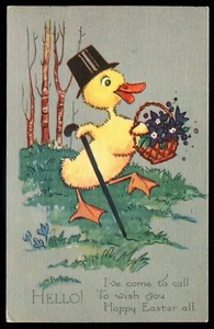 EASTER Postcard 1910s Dressed Duckling Basket of Flowers - Picture 1 of 2