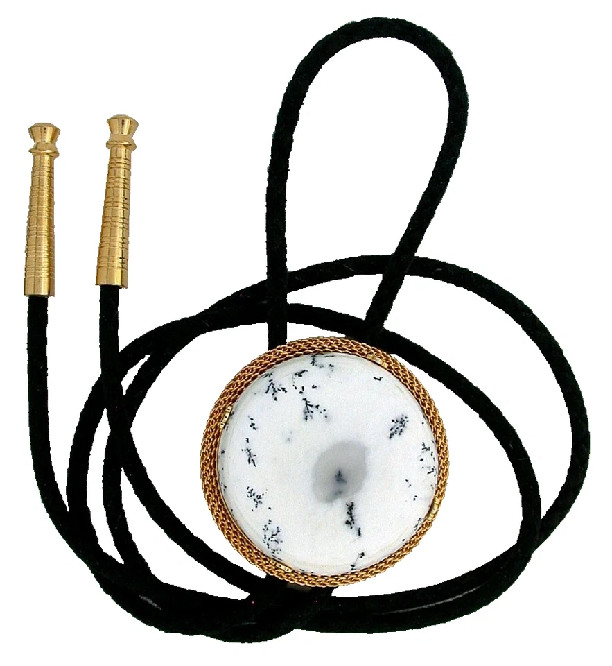 84 Carat Dendridic 37mm White Opal Cab Gold Color Mesh Bolo Tie Cord Tip EPBT407 - Изображение 1 из 3