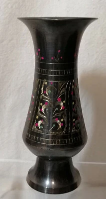 Vintage ca. 60/70er Jahre Metall Vase Antrazit Buntes Muster Handarbeit Sammler - Bild 1 von 4