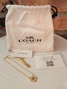 NWT COACH Crystal-Embellished Heart Pendant Necklace, Gold Tone Brass $95 New! - Picture 1 of 12