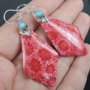 Pendientes de coral rojo en forma de cometa de plata de ley 925 con joyería L... - Imagen 1 de 6