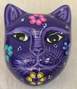 Day Of The Dead Trinket Box CAT Mexico Pottery Red Ware Purple Pink Hand Painted - Picture 1 of 9