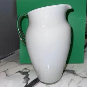 Blown Art Glass Beautiful White Pitcher Vase Pontil Applied Handle 9 1/2 Inches - Picture 1 of 5