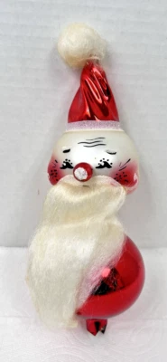Vintage Santa w Cotton Beard & Hat Bobble Christmas Tree Topper Hand Painted - Image 1 of 4