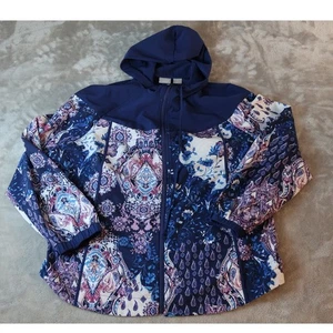 Chicos Zenergy Jacket Womens 3 Size Blue Pink White Hooded Full Zip Paisley Boho - Picture 1 of 7