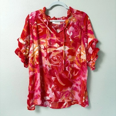 Sunny Leigh Top Plus Size 1X Red Orange Floral Ruffle Short Sleeve Split Neck - Image 1 of 4