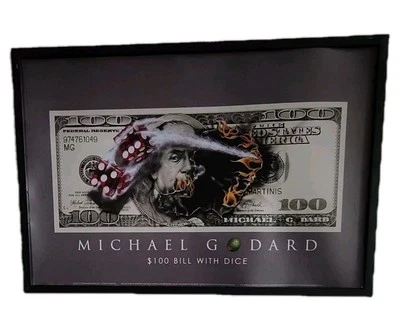 Michael Goddard Raro Impresión Enmarcada 100 Billetes Dados Fuego Poker Vegas Bar Arte  Foto 1 de 4