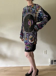 Lillie Rubin Vintage Sequin Party Dress Art Deco 80s  Black Silk Sz XS S M  - Picture 1 of 8