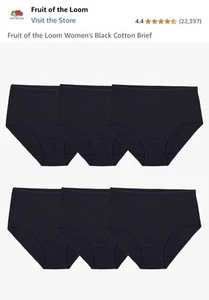 Fruit Of The Loom Women's Black Cotton Briefs 6 Pack Black Underwear Size 9 - Picture 1 of 3