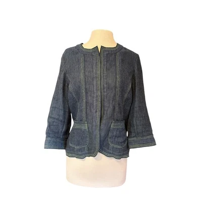 Chaqueta Coldwater Creek Lino Denim Estilo Bolsillos Frontales Abiertos Sin Cuello Talla Med Foto 1 de 4
