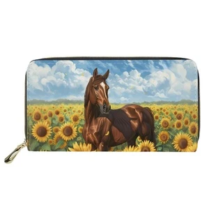 Women Boho Leather Wallet Chic Horse Sunflower Clutch Purse Card Holder Big C... - Picture 1 of 7