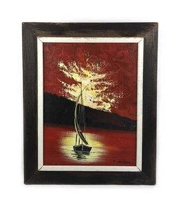 Vintage Mid Century Modern Art Ölgemälde Segelboot Boot signiert Herrera - Bild 1 von 7