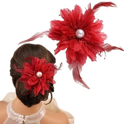 Vintage Feather Flower Hair Clips with Pearl Large Crystal Floral Barrettes  - Image 1 of 4