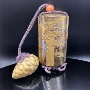 Top-quality Inro Netsuke -Maki-e Waterfall Heron Japan Traditional Crafts w/Box - Picture 1 of 11