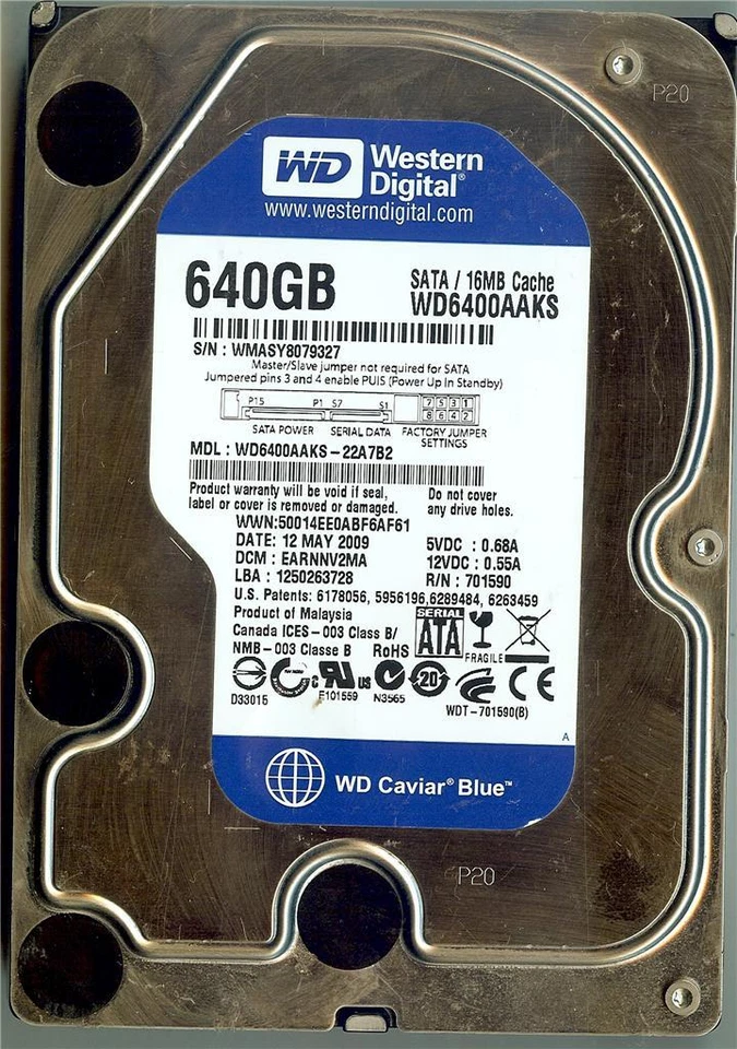 WESTERN DIGITAL WD6400AAKS-22A7B2 640GB SATA HARD DRIVE DCM: EARNNV2MA - Image 1 of 1