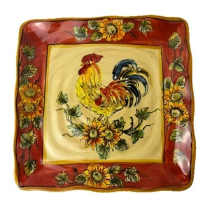 PLATTER/SERVING DISH ROOSTER-GALLO Ceramic Rooster Sunflowers Ruffled Edge- EUC - Picture 1 of 24