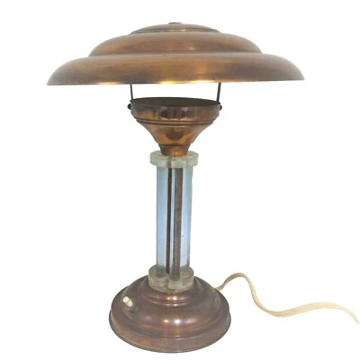 ANCIENNE LAMPE CHAMPIGNON CUIVRE CRISTAL DLG ADNET PETITOT  DESIGN MODERNISTE   - Photo 1/4
