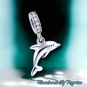 Sterling Silver Dolphin Charm 925 Crystal Ocean Bracelet Charm - Picture 1 of 6