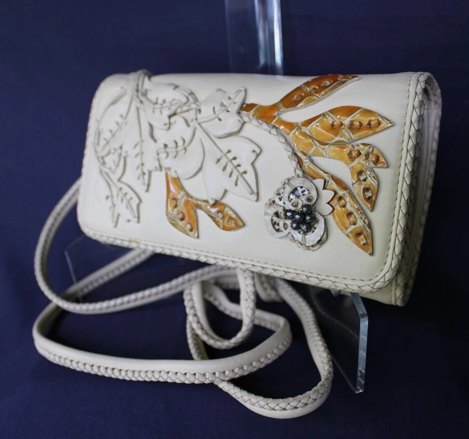 Brighton leather applique beaded leaf crossbody pause wallet cream braided $279 - Image 1 of 4